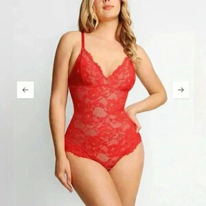 POPILUSH Shapewear Bodysuits Lace Smooth Firm Control Thong - Holiday Red